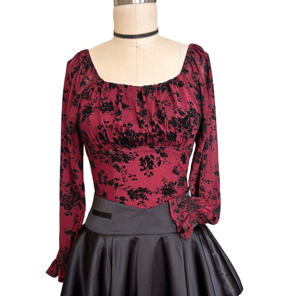 Floral Flocked Mesh Gothic Square Neck Blouse Top Small Burgundy Black